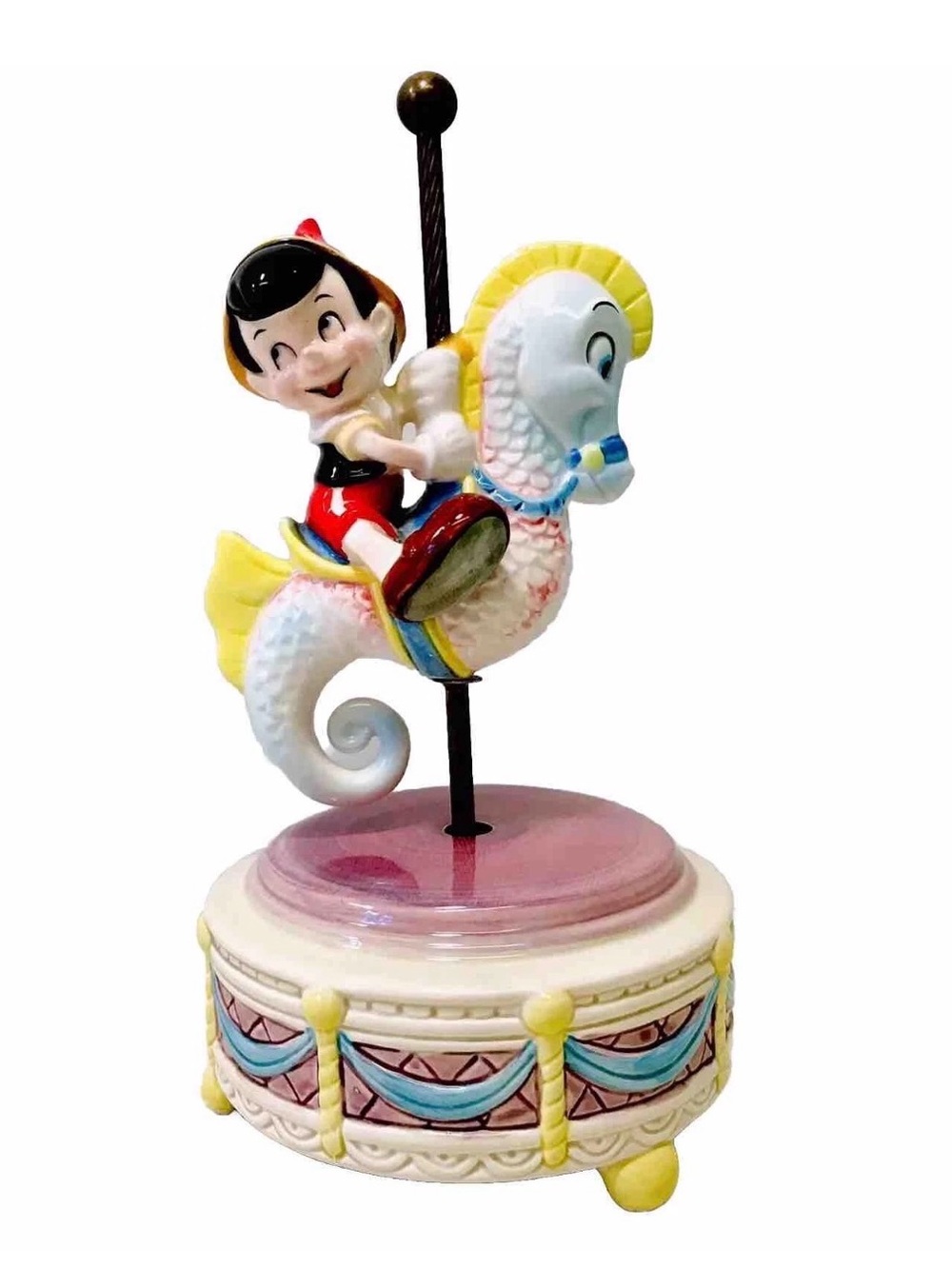 Disney Schmid Vintage Pinocchio Seahorse Carousel Wind Up Porcelain Music Box